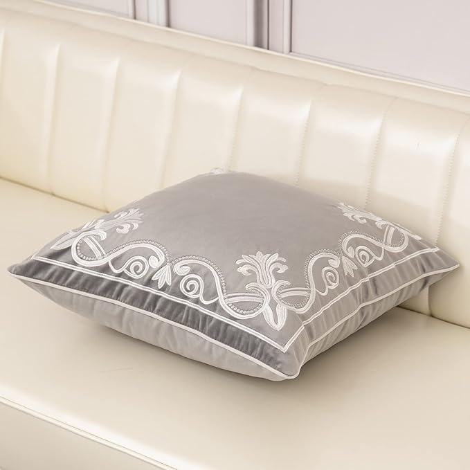 Aeckself European Floral Pillow Cover 16x16 Inch, Luxury Velvet Embroidered Decorative Throw Pillow Cover for Couch Bedroom Living Room, Grey and White