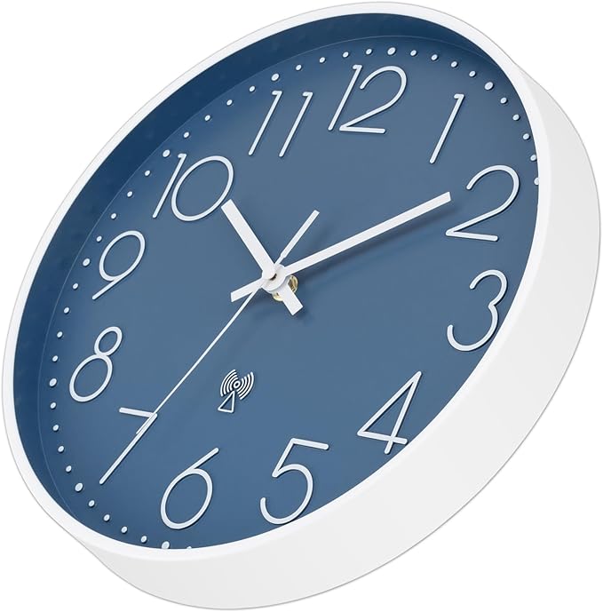 Foxtop Atomic Wall Clock Battery Operated Round Analog Modern Wall Clock Sets Automatically for Office Classroom Bedroom Kitchen Living Room (Cerulean)