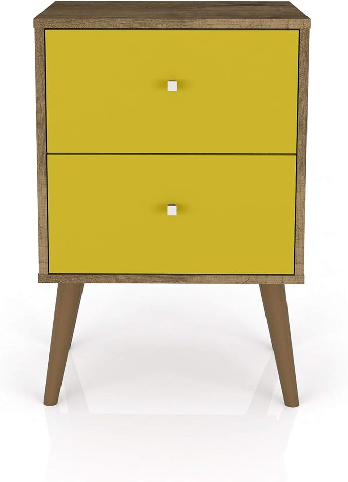 Manhattan Comfort Liberty Mid Century Modern Nightstand with Drawers, Bedside Table for Bedroom and Living Room, Night Stand Accent Decor, Easy Assembly, Brown/Yellow