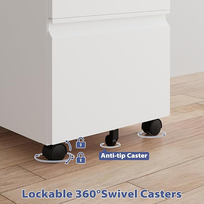 3 Drawer File Cabinet with Lock,Mobile Filing Cabinets,Metal Small Rolling File Cabinet,Under Desk Office Drawers for Legal/Letter/A4 File, Assembly Required,White