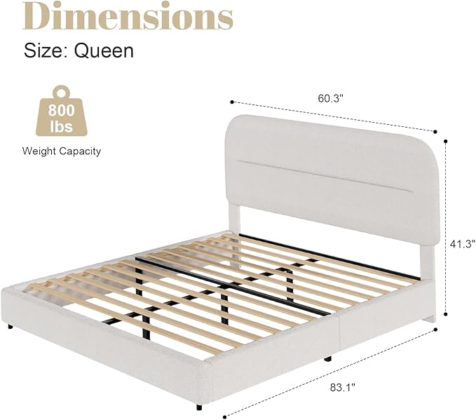 HOMBCK Queen Bed Frame with Headboard, Boucle Upholstered Soft Platform Bed Frame with Thickened Footboard, Rounded Corners Design, No Box Spring Required, Easy Assembly, Cream