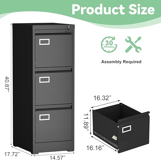 File Cabinet,3 Drawer Filing Cabinet with Lock,Metal Filing Cabinets for Home Office,School,Vertical File Cabinets for Letter/Legal/A4/F4 Size,Assembly Require,Black