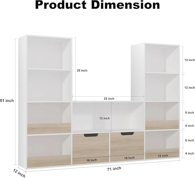 Kids Bookshelf and Toys Storage Organizer - 4 Tier Bookcase for Kids Room, 9 Cube Toys Bookshelf with 2 Drawers,Book Shelf for Living Room Playroom for Children,Toddlers, Gifts,Oak & White