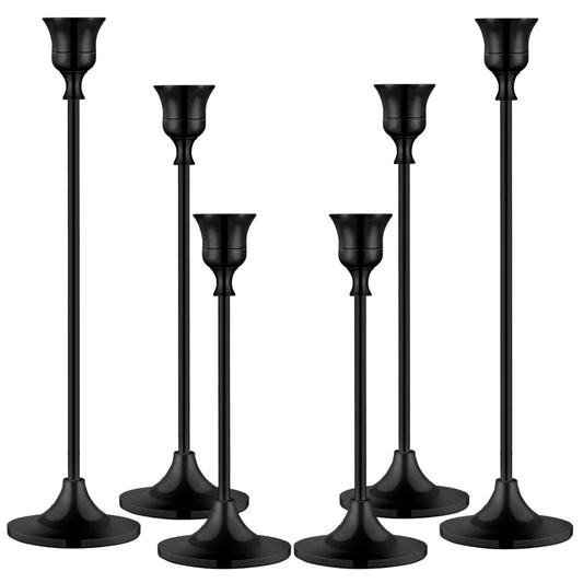 Metal Candle Holders for Candlesticks Taper Candlestick Holders Set Vintage Decorative Centerpiece Candelabra Tall Candle Stands for Halloween Thanksgiving Christmas (Matt Black, 2 Sets (6 pcs))