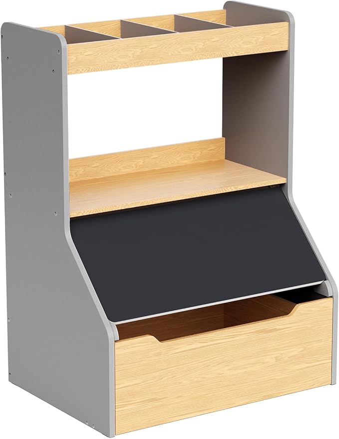 KORIMEFA 37.4" Tall Toy Box & Chalkboard Lid Wood Toddler Bookcase and Kid Toy Storage Bin & Organizer, Gray