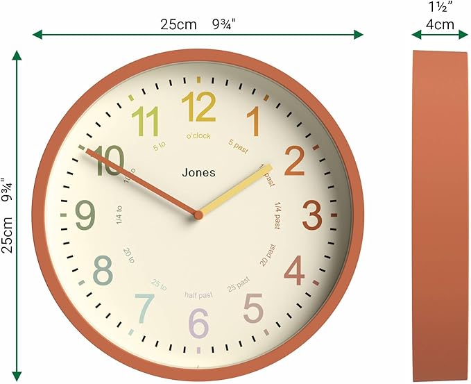 JONES CLOCKS® Kids Wall Clock | Small Modern Children’s Clock | 10 inch | Terracotta Orange | Colourful Numbers | Learn to Tell The time