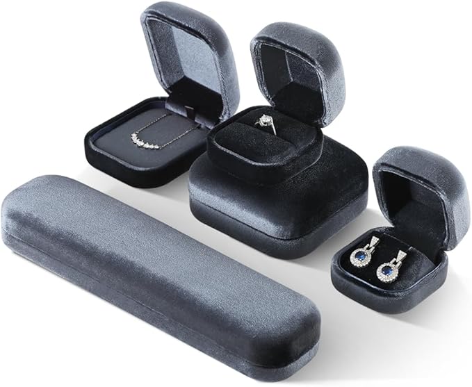 Resilient Velvet Ring Earrings Bracelet Necklace Display Box, Travel Mini Jewelry Organizer Case (Gray, Long Chain Box)