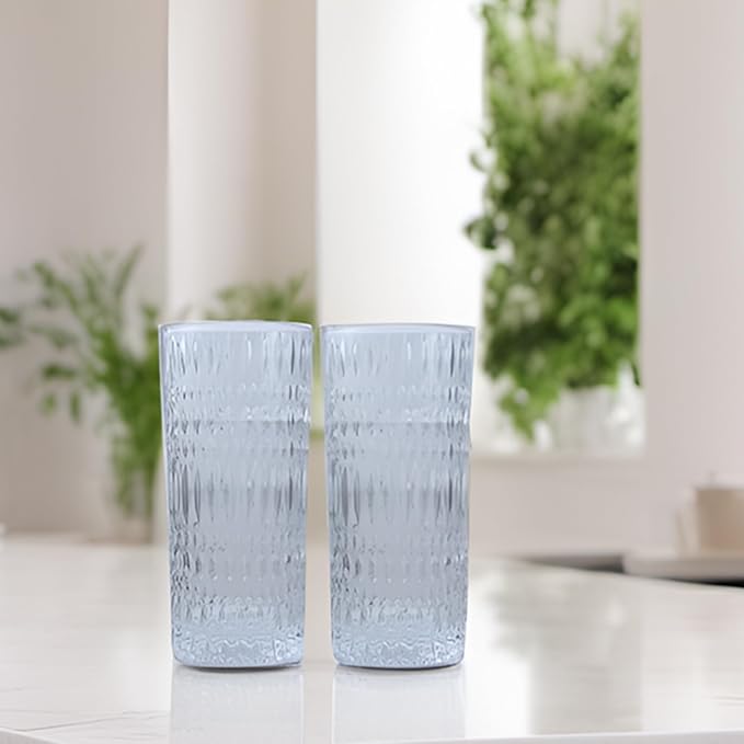 Highball Glasses [Set of 4] - 15oz Vintage Glass Cups Fits Dinner Party - Unique Texture, Dishwasher Safe