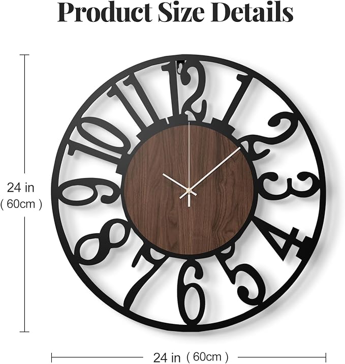 24 inch Large Wall Clock for Living Room Decor, Decorative Wood Metal Wall Clock Battery Operated Silent Non Ticking, Modern Black Round Big Clocks for Bedroom, Kitchen, Office Decor-Arabic Numerals