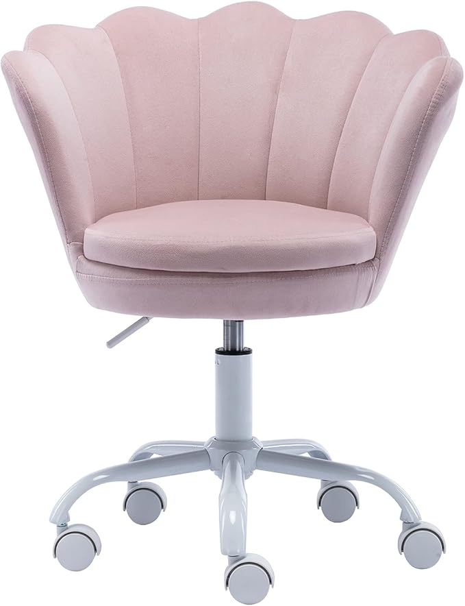 chairus Cute Kids Desk Chair Velvet Living Room Accent Armchair Upholstered Teens Vanity Chair with Seashell Back, Adjustable Swivel Children Study Chair for Computer Homework, Pink