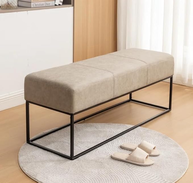 Entryway Bench for Bedroom End of Bed, Modern Ottoman with Faux Leather Upholstered Seating, Metal Frame Leather Bench for Bedroom Living Room Entryway [47'', Vintage Beige]