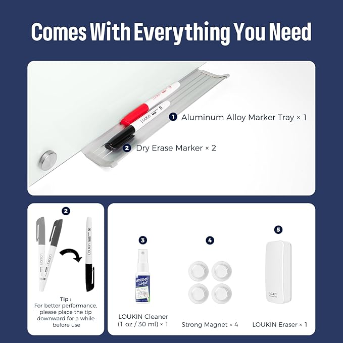 Loukin Glass Whiteboard for Wall, Magnetic Dry Erase Glass Board, Framless Surface White Board for Office, School, Dry Erase Whiteboard Set Includes Cleaner & Eraser & Marker (36" x 48")