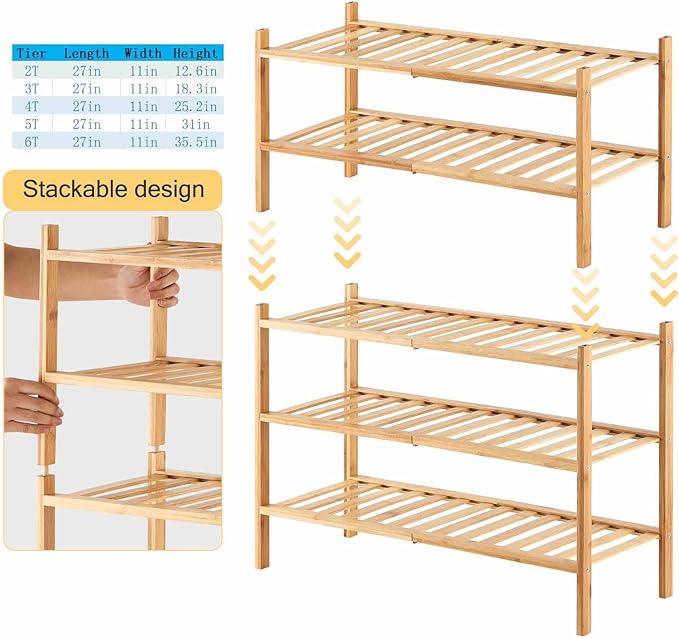 3-Tier Bamboo Shoe Rack for Entryway, Stackable | Heavy Duty | Multi-Function, Free Standing Shoe Racks for Bedroom Hallway Closet