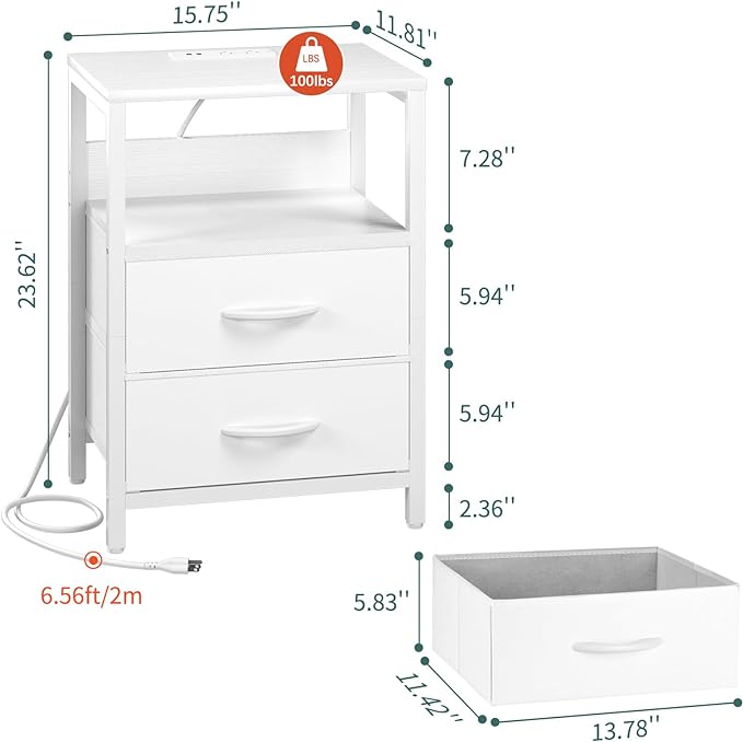 Yoobure Nightstand with Charging Station, LED Night Stand with Fabric Drawers and Storage Shelf for Bedroom, Nightstands Bedside Tables with USB Ports & Outlets, Small Night Stands, Bed Side Table