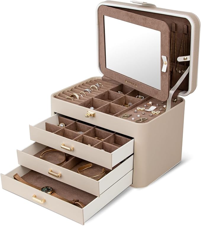 KAMIER Jewelry Organizer Box, 4 Layer Jewelry Organizer with Mirror, 3 Drawers, Large Jewelry Box for Bracelets, Earrings, Rings, Necklaces, Mothers Day Gifts for Loved One, Beige