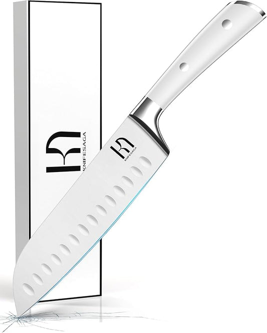 Santoku Knife 7 Inch, Japanese Professional Chef knife High Carbon Stainless Steel, Razor Sharp Chefs Kitchen Knife, Vegetable Chopping Knife for Cooking With Full-tang Handle, White