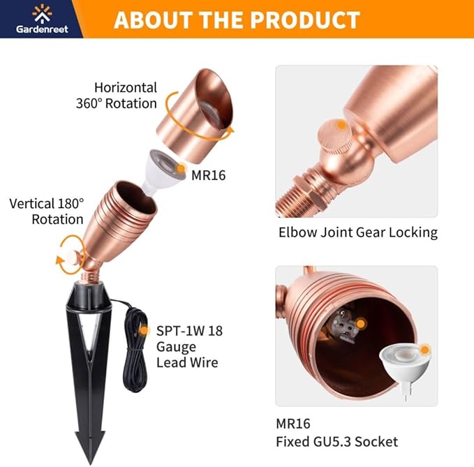 Brass Landscape Lighting - Low Voltage Spotlights Outdoor LED, 12V Wired Uplights, Waterproof Spot Lights, Copper for Outside Trees with 5W 5000K Daylight MR16 Bulb (4 Pack)