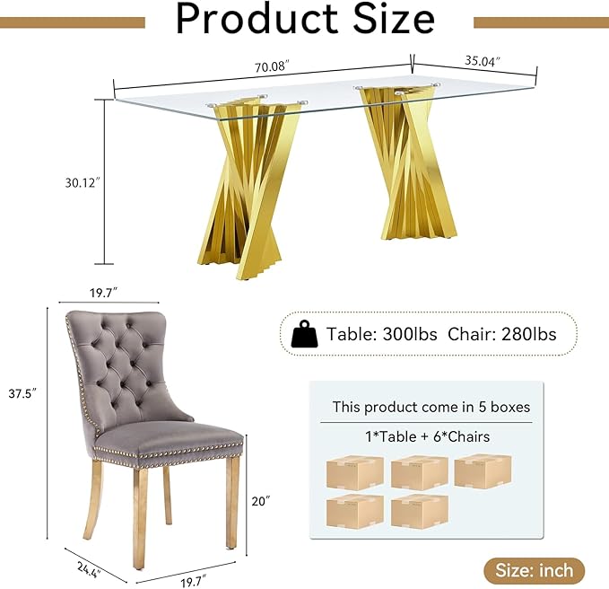 Goujxcy 70" Glass Dining Table Set for 6, Modern Gold Dining Table Set with 6 Grey Velvet Upholstered Dining Chairs, 7 Piece Kitchen Dining Room Table Set with Stainless Steel Legs