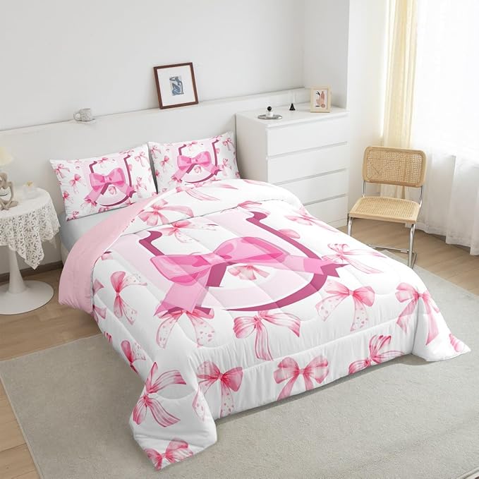 jejeloiu Kids Girls Cute Pink Bow Comforter Set Queen Size Monogrammed Bedding Set Ultra Soft Personalized Initial U Duvet Quilt Coquette Bow Knot Quilt Set Room Decor Modern Fashion Comforter
