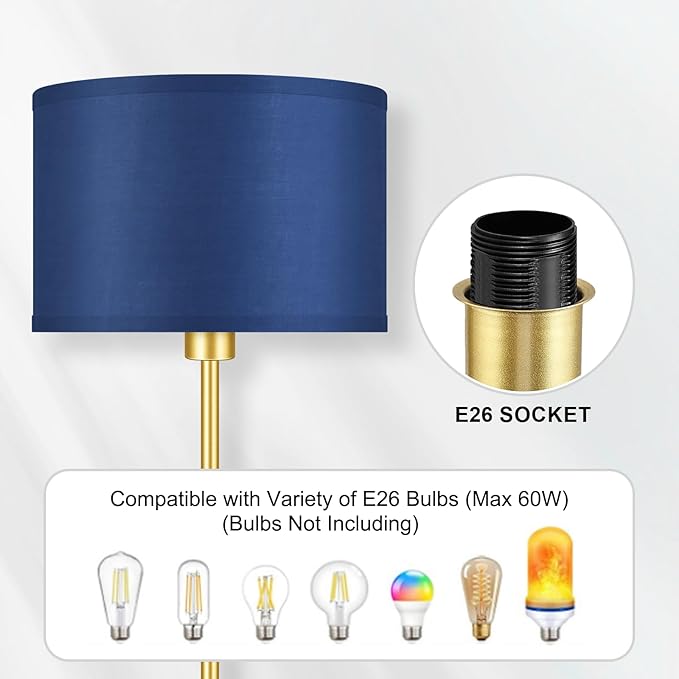 Floor Lamp Blue, Standing Lamp, 58" Tall Floor Lamp with Lampshade, Foot Pedal Switch, Modern Simple Floor Lamps for Living Room/Bedroom/Den/Classroom, Gold Lamp for Boys' Gift(Without Bulb)