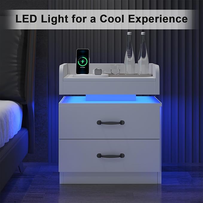 Nightstand with Charging Station, Night Stand with LED Lights Set of 2, Modern LED End Table, Nightstand Set of 2, Night Stand with 2 Drawers, Bed Side Table with Storage for Bedroom, White