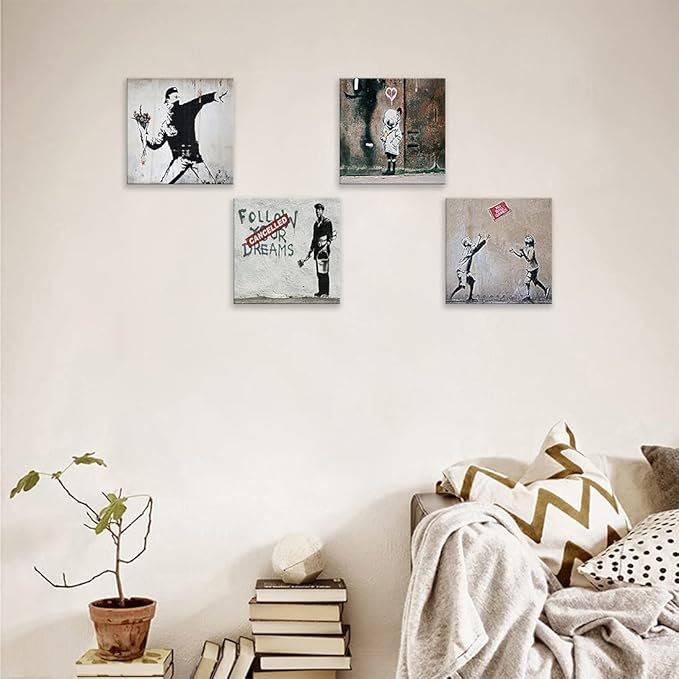 Cortolar Banksy Canvas Wall Art Graffiti Print Painting Abstract Pictures for Living Room Bedroom Bathroom Wall Decor (16"x16"x4-B)