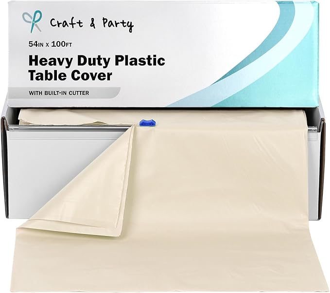 Craft And Party, 54 in x 100 feet Plastic Table Cover Roll for Party, Banquet, Picnic, Kids Activities for Any Size and Shape Table (Ivory, 54" x 100ft)