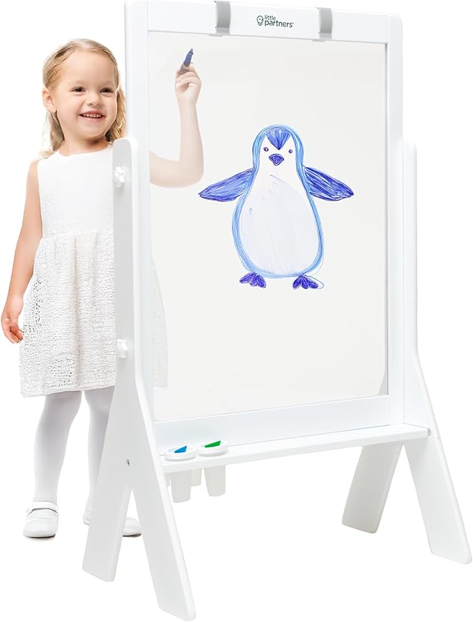 Little Partners Peek-A-Boo Art Toddler Easel, Children's Two-Sided Adjustable Height Clear Acrylic Paint Station for Kids with Built-in Storage, Eraser, Paint Containers (White)