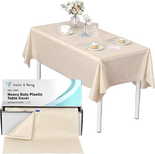 Craft And Party, 54 in x 100 feet Plastic Table Cover Roll for Party, Banquet, Picnic, Kids Activities for Any Size and Shape Table (Ivory, 54" x 100ft)