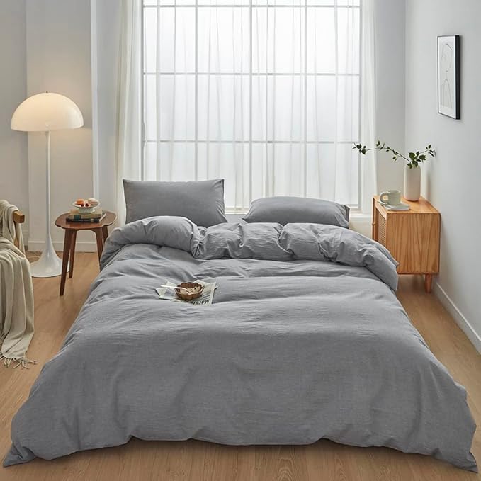 FACE TWO FACE Bedding Duvet Cover Set100% Washed Cotton Duvet Cover Linen Like Textured Breathable Durable Soft Comfy (Twin, Light Grey)