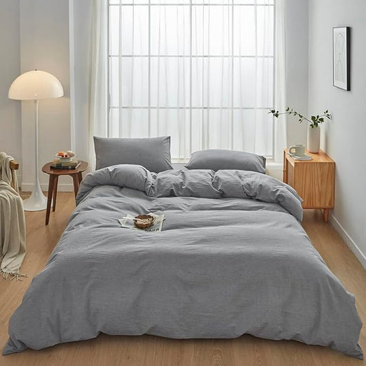 FACE TWO FACE Bedding Duvet Cover Set100% Washed Cotton Duvet Cover Linen Like Textured Breathable Durable Soft Comfy (Queen, Light Grey)