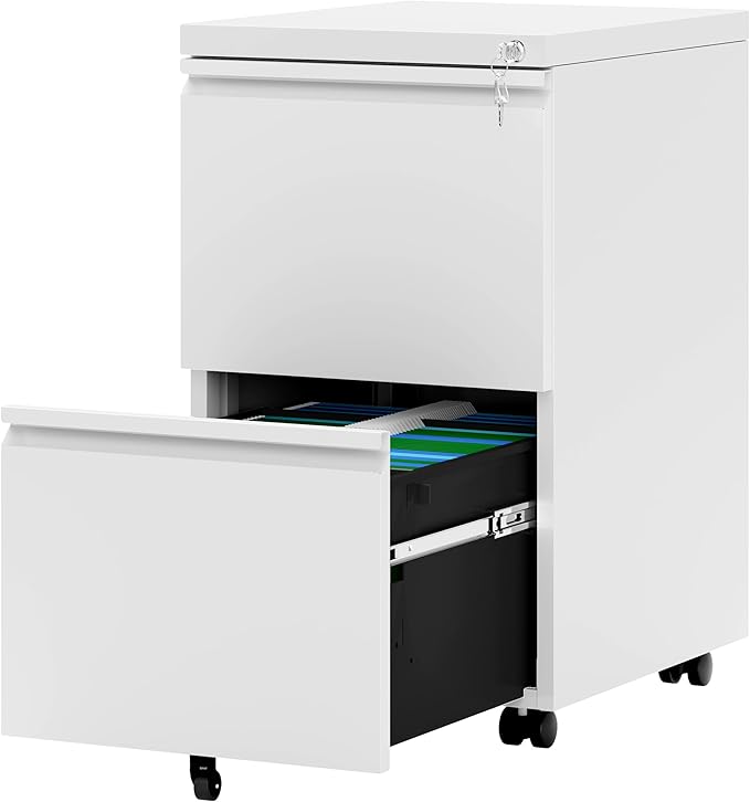 YITAHOME 2 Drawer File Cabinet with Lock, Mobile Metal Filing Cabinet for Letters/Legal/A4 Size, Home Office & Business Enterprise, Fully Assembled Except Wheels, White