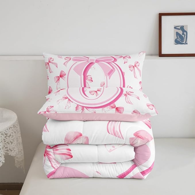 jejeloiu Kids Girls Cute Pink Bow Comforter Set Toddler Size Monogrammed Bedding Set Ultra Soft Personalized Initial O Duvet Quilt Coquette Bow Knot Quilt Set Room Decor Modern Fashion Comforter