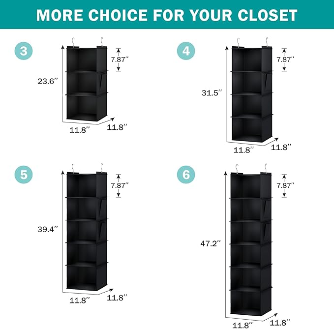 Hanging Closet Organizer, 3-Shelf Closet Hanging Storage Shelves, Black