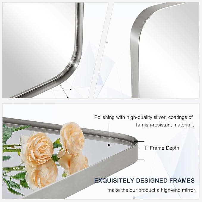 ANDY STAR 20"x30" Brushed Nickel Pivot Mirror for Bathroom, Silver Metal Frame Bathroom Mirrors for Wall，Rectangle Titling Vanity Wall Mirror with Rounded Corner Design Hangs Vertically Only