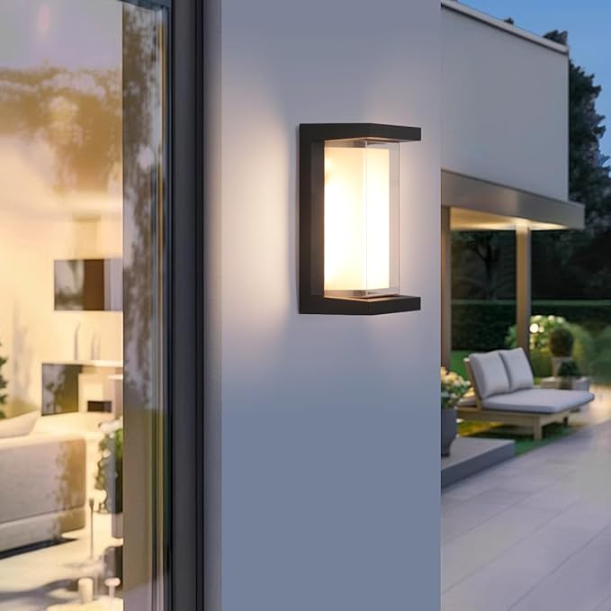 FUPE 24W LED Outdoor Wall Lights 3 Color Exterior Wall Sconce Outside Light Fixtures Exterior Porch Wall Lighting with Double Shade, Modern Matte Black Wall Lamps for Patio Front Door Entryway, 1-Pack