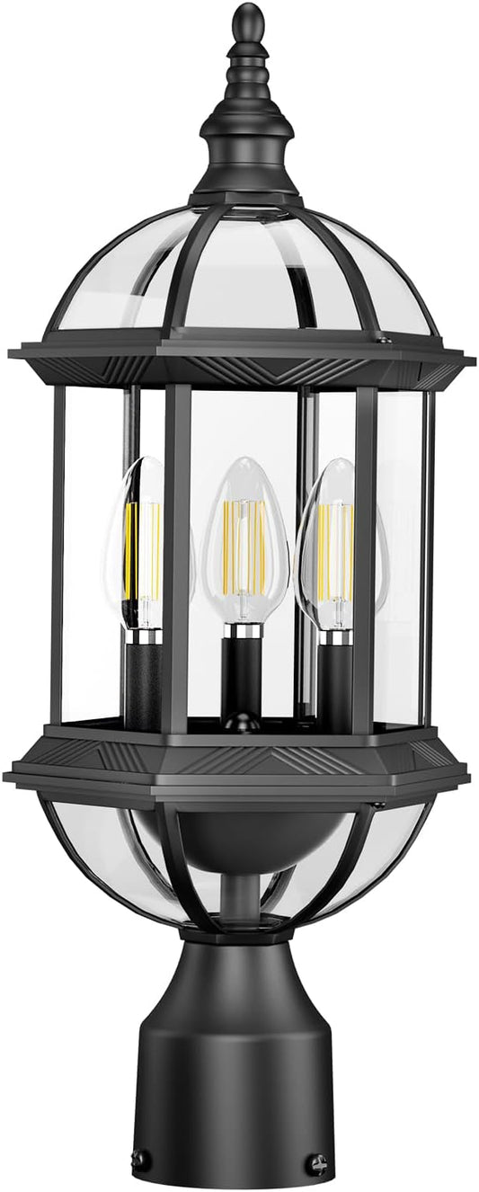 Large Outdoor Post Lights,19.21" 3-Light Lamp Post Light Fixture,Hardwired 120V Exterior Waterproof Pole Lighting,Modern Black Aluminum Lantern for Garden, Yard, Patio, Pathway