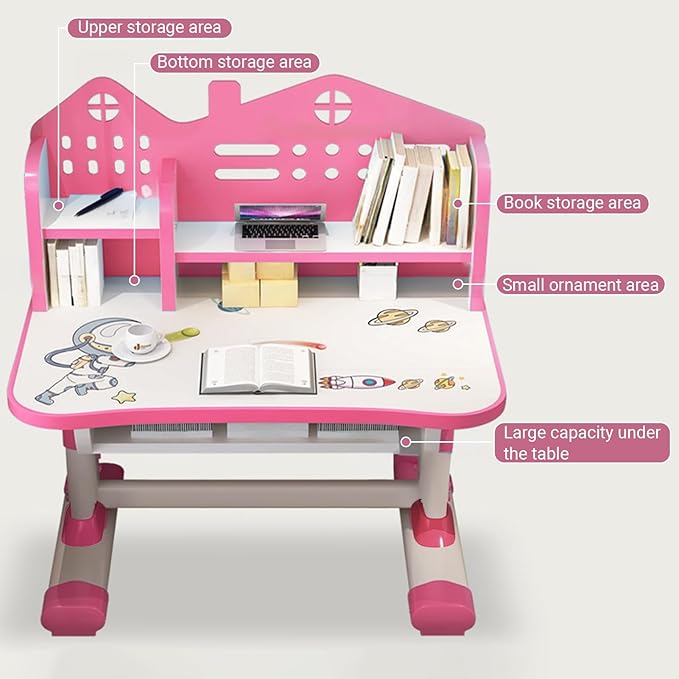 Kids Functional Desk and Chair Set, Ergonomic Height Adjustable Children School Study Desk with Bookstand Widened, Study Table Storage Drawer for Boys Girls(Pink) Pink