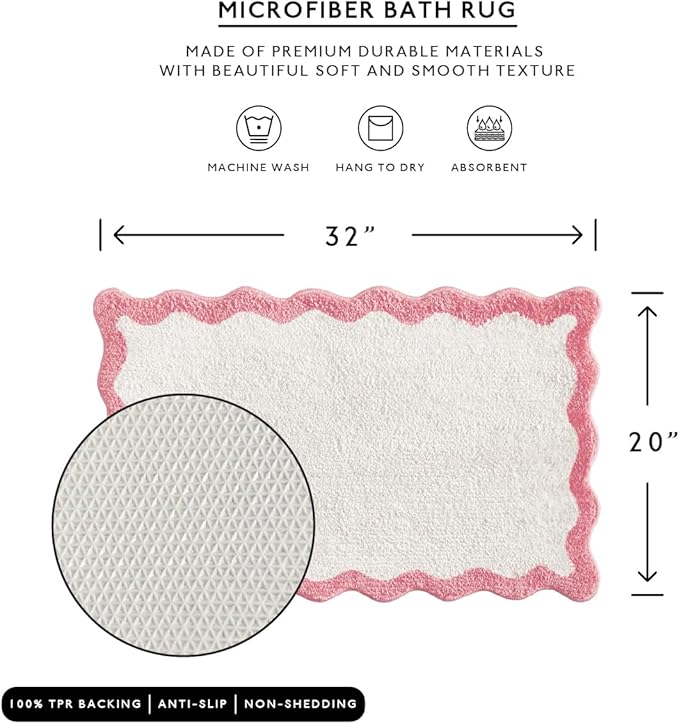 MONDAY MOOSE Bath Mat with Scalloped Wavy Ripple Design, Microfiber Absorbent Non Slip Tufted Rug for Floor, Shower or Kitchen (20x32 inch, Pink)