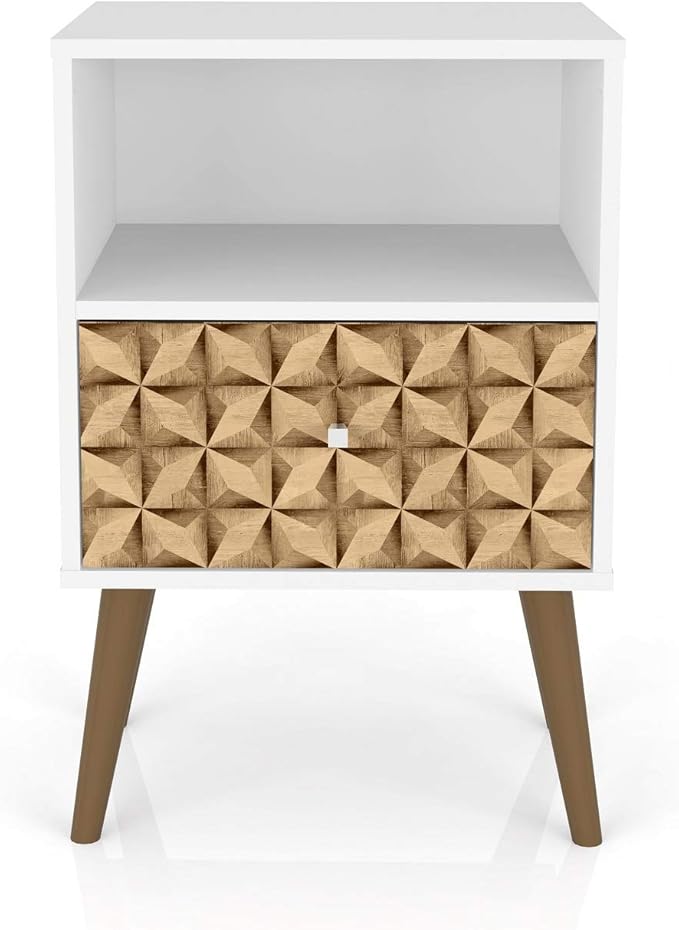 Manhattan Comfort Liberty Mid Century Modern Nightstand with Drawer and Cubby, Bedside Table for Bedroom and Living Room, Night Stand Accent Decor, Easy Assembly, White/Brown