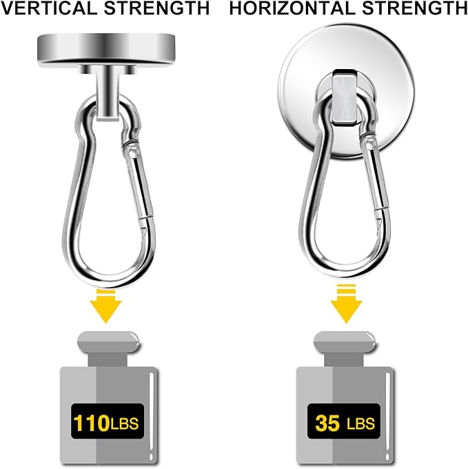 DIYMAG Magnetic Hooks, 110LBS Heavy Duty Neodymium Magnetic Hooks with Swivel Carabiner Hook,Great for Your Refrigerator and Other Magnetic Surfaces, Pack of 15