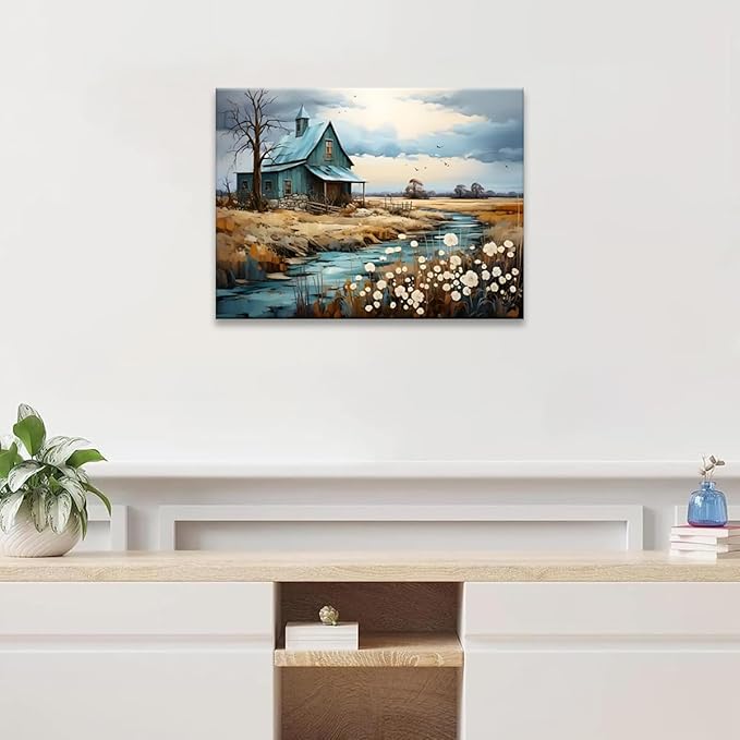 CYULWNNO Farmhouse Wall Art Barn Farm Landscape Painting Pictures Decor Blue Farm Nature Wildflower Rustic Scenery Canvas Prints Artwork Frame Living Room Bedroom Bathroom Wall Decor 12"x16"