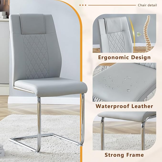 63'' Glass Dining Table Set for 4, Kitchen Table Chairs Set of 4, Clear Glass Dining Table with Black unique design Leg and Silver Metal Base, 4 PU Dining Chairs with Metal Legs, Living Room, Kitchen.