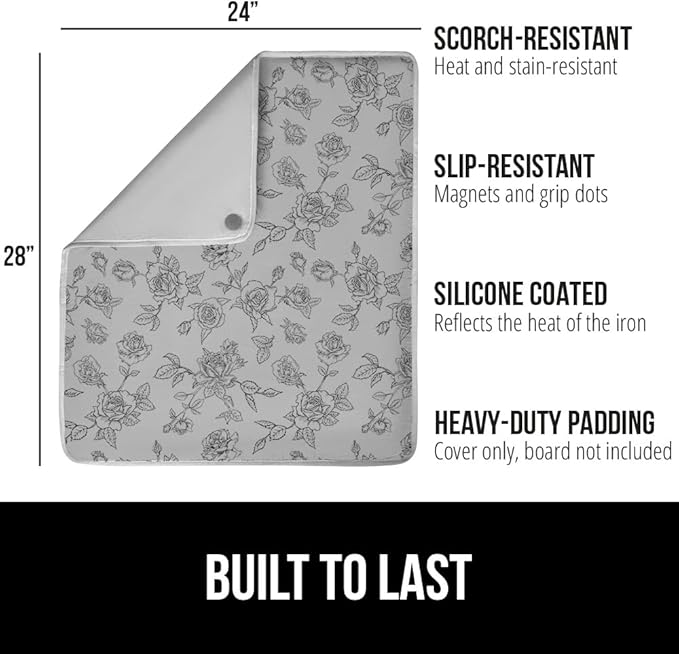 GORILLA GRIP Ironing Mat, Portable Iron Pad, Magnetic Cover and Padding for Top of Washer, Dryer, Tabletop, Countertop, Silicone Coating and Scorch Resistant, Travel Size 28x24, Gray Floral