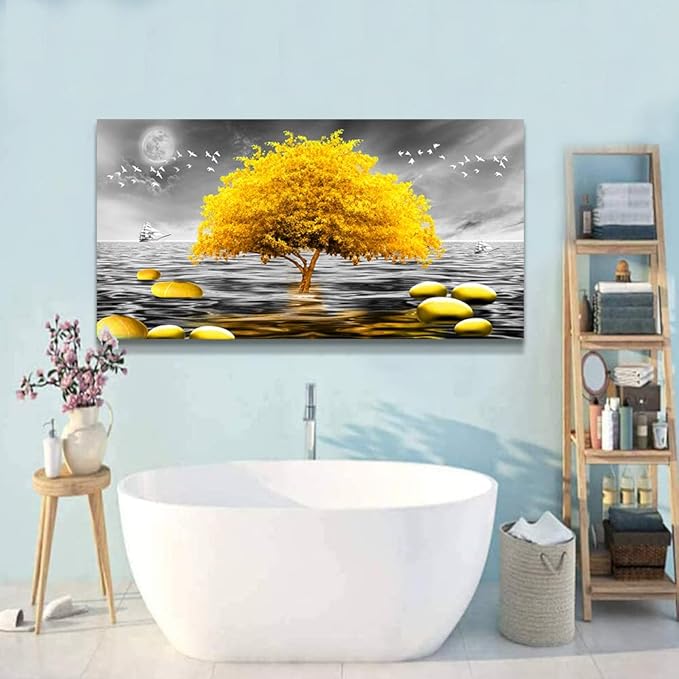Wapluam Canvas Wall Art For Living Room Large Wall Decor For Bedroom Modern Office Wall Decoration Black And White View Wall Painting Yellow Tree Pictures Artwork For Walls Room Home Decor 40X20 in