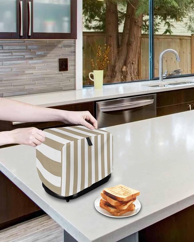 Toaster Cover 2 Slice Khaki Stripes Toaster Oven Cover with Pockets Browm Vertical Striped Dustproof Bakeware Protector Small Kitchen Appliance Dust Covers and Fingerprint Protection for Women