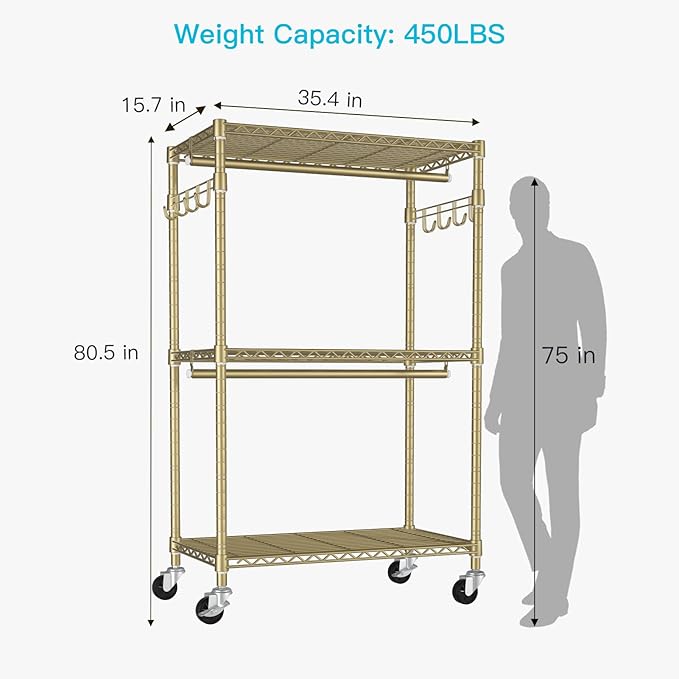 FUTASSI P1 Rolling Clothes Rack, Movable Metal Garment Closet Organizer with Lockable Wheels, Clothing Wardrobe with Double Hanger Rods and Hooks, 35.4" W x 15.7" D x 80.5" H, Load 450lbs, Gold