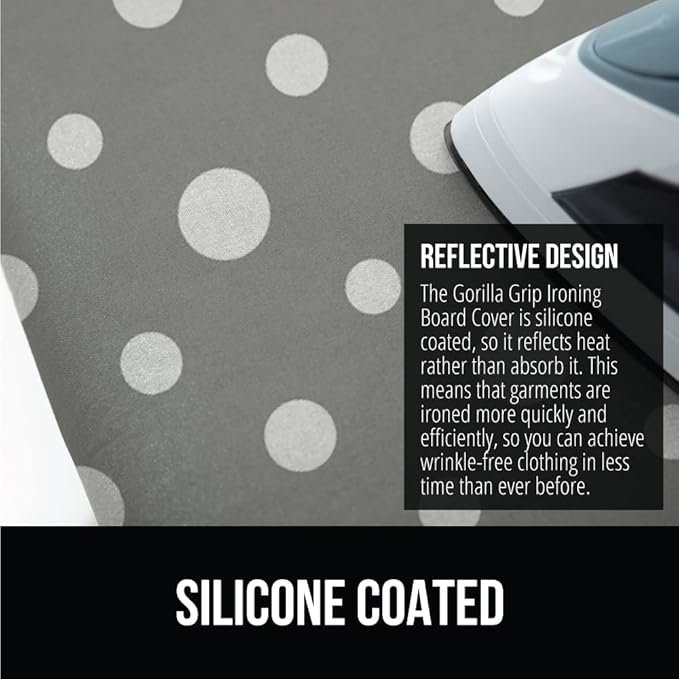The Original GORILLA GRIP Ironing Board Cover and Pad, Silicone Coating, Thick Scorch Resistant Padding, Heavy Duty Iron Covers Standard Boards, Hook and Loop Fastener Strap, Dots, 15x54