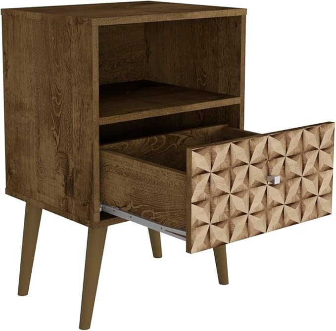 Manhattan Comfort Liberty Mid Century Modern Nightstand with Drawer and Cubby, Bedside Table for Bedroom and Living Room, Night Stand Accent Decor, Easy Assembly, Brown/Brown