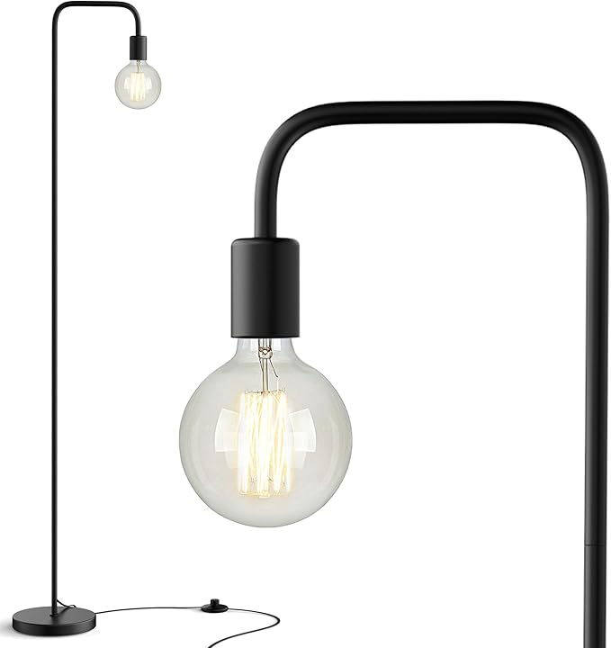 QiMH Industrial Floor Lamp with Light Bulb,Metal Tall Standing Lamp,Tall Modern Black Led Floor Lamp for Home Decor Bedroom Reading Office, Black
